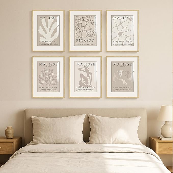 Framed Neutral Abstract Wall Art, 6 Piece Modern Matisse Prints Artwork for Walls, Minimalist Beige Matisse Pictures for Living Room, Bedroom, Dining Room, Lounge, Bathroom Wall Decor 11x14 In