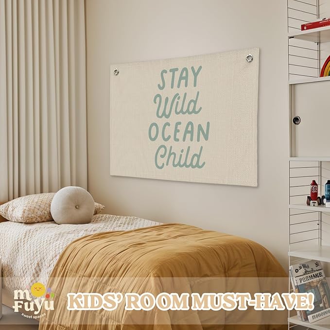 Stay Wild Ocean Child Linen Canvas Banner, Nursery Kids Room Playroom Home Decor, Baby Kids Boy Girl Gift, Beach House Decor 30x20 Inch