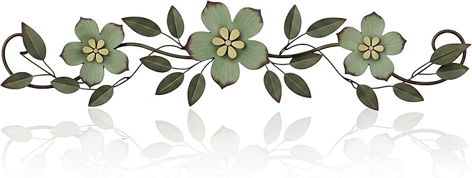 Wesiti Metal Flower Wall Decor Vintage Spring Metal Flower Wrought Iron Scroll Sculpture 15.7''x3.7'' Farmhouse Leaf Wall Decor with Nails for Spring Living Room Bedroom Indoor Outdoor(Green)
