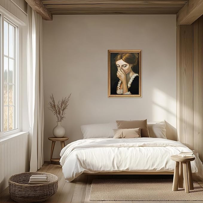 Aroutde Framed Funny Bathroom Canvas Wall Art, Gold Framed Toilet Paint Classical Mid Century Style Wall Decor Humorous Woman Covering Nose Printing for Restroom (24L''x16W'')