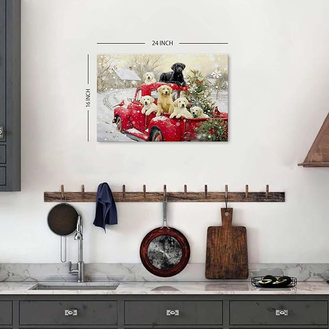 Christmas Canvas Wall Art for Living Room Vintage Red Truck Pictures Cute Farmhouse Dogs Wall Decor Rustic Christmas Tree Poster Retro Winter Country Scenic Artwork for Bedroom Home Decorations 16x24"
