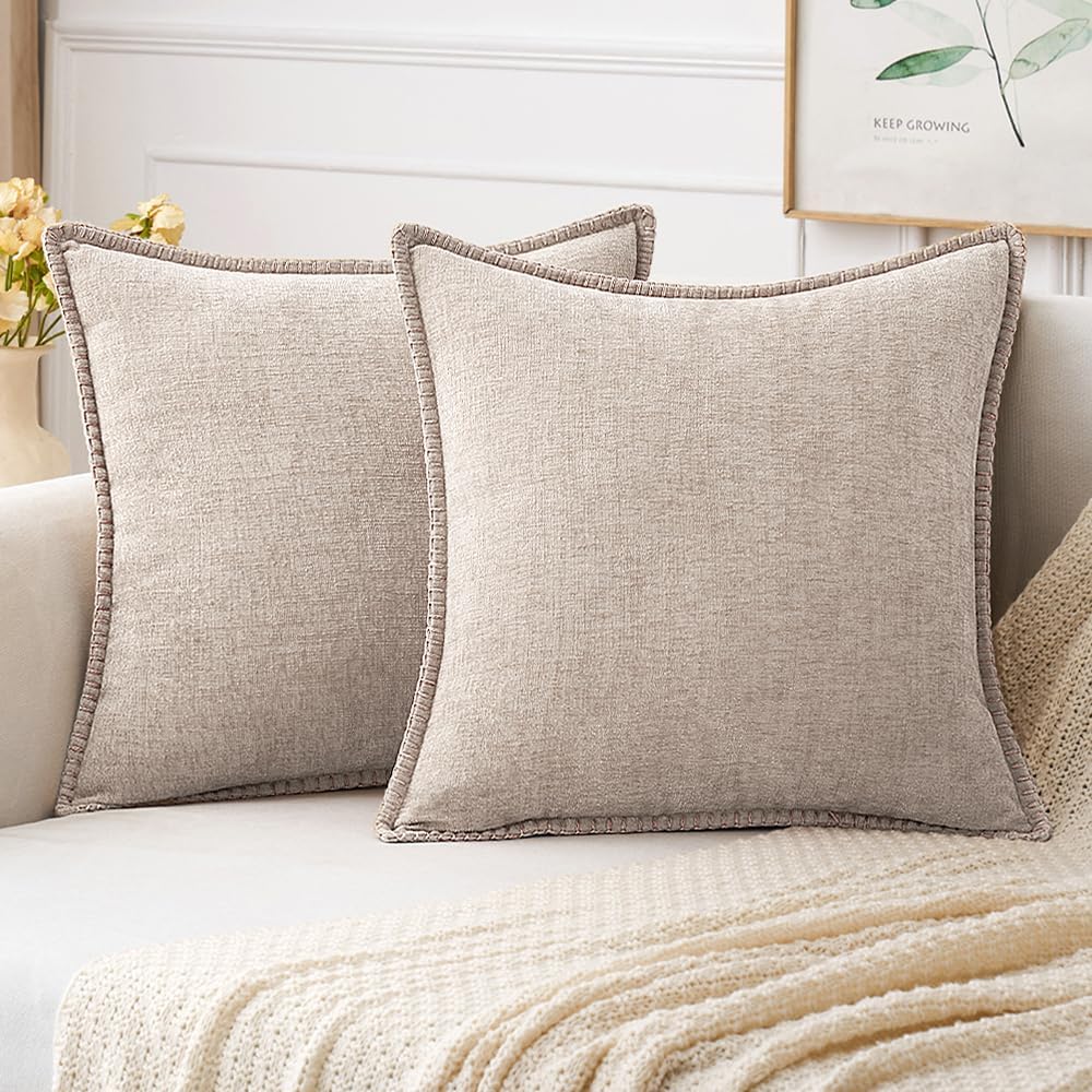 MIULEE Pack of 2 Couch Throw Pillow Covers 20x20 Inch Light Brown Farmhouse Decorative Pillow Covers with Stitched Edge Soft Chenille Solid Dyed Pillow Covers for Sofa Bed Living Room
