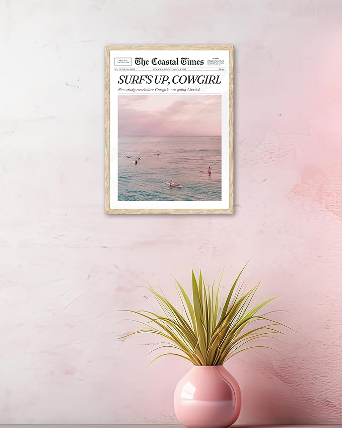 iHery Small Framed Trendy Coastal Cowgirl NewsPaper Wall Art Prints,Beige OAK Wood 8x10in Canvas Wall Decor For Bedroom,Western Vintage Bar Cart,Dorm Retro Surfing Up Home Décor 1Pack