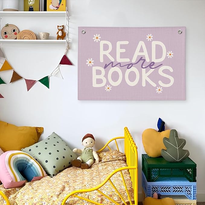 Reading Nook Read More Books Banner - Purple Book Lover Decor, Classroom Pastel Reading Party Decorations, Kids Library Wall Hanging, Daisy Flower Linen Canvas Flag for Nursery, Playroom, Homeschool, 20x30 Inch