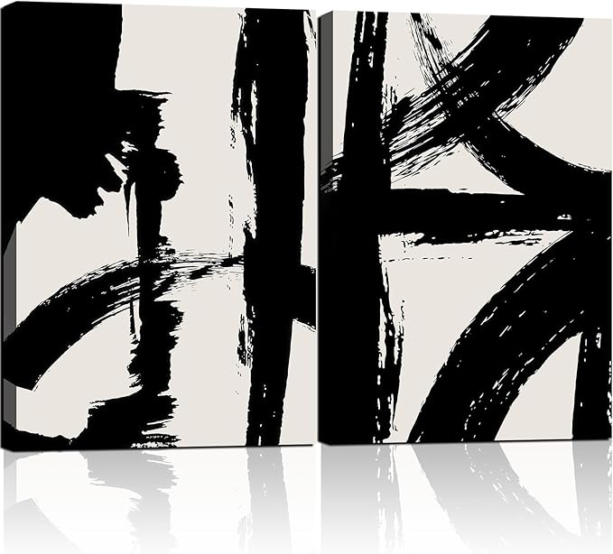 2Pcs Framed Abstract Black and White Canvas Wall Art Minimalist Brushstroke Line Prints Modern Home Gallery Style Painting Posters Picture Bedroom Living Room Office 16x24 Inch Ready to Hang