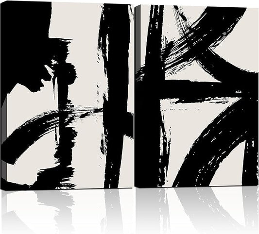 2Pcs Framed Abstract Black and White Canvas Wall Art Minimalist Brushstroke Line Prints Modern Home Gallery Style Painting Posters Picture Bedroom Living Room Office 12x16 Inch Ready to Hang