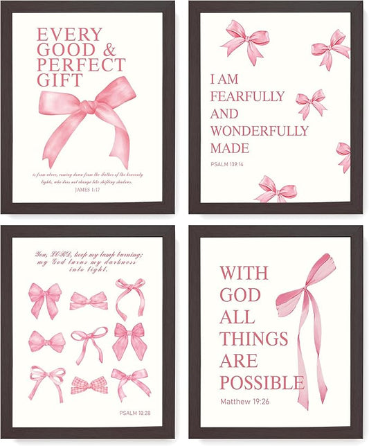 LARTSFRO Coquette Pink Bow Wall Art Decor Posters, Pink Bow Room Bedroom Bathroom Dorm Wall Art Decor Aesthetic for College Teen Girls Gifts, Inspirational Bible Verses Bow Wall Decor, 10x8 Inch Set of 4 Pcs Bow Pictures (DARK FRAMED)