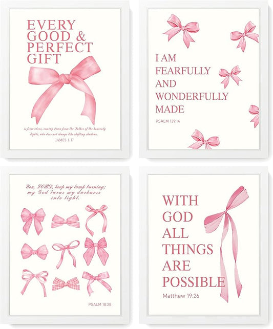 LARTSFRO Coquette Pink Bow Wall Art Decor Posters, Pink Bow Room Bedroom Bathroom Dorm Wall Art Decor Aesthetic for College Teen Girls Gifts, Inspirational Bible Verses Bow Wall Decor, 10x8 Inch Set of 4 Pcs Bow Pictures (WHITE FRAMED)