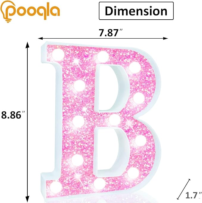 Pooqla LED Marquee Letter Lights, Light Up Pink Letters Glitter Letter Sign for Girls Gifts, Battery Powered for Night Light Birthday Party Wedding Home Bar Christmas Decoration, Cool White Pink B