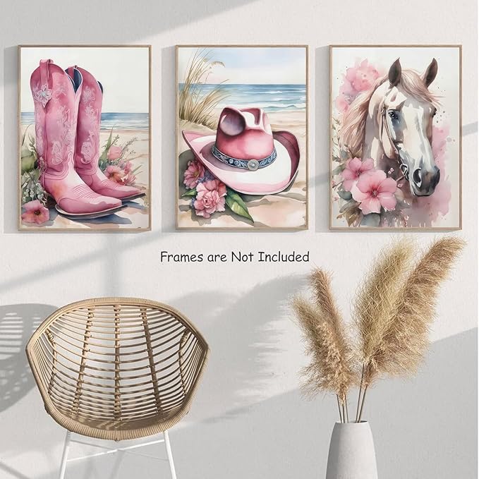 Djmwtb Coastal Cowgirl Canvas Wall Art Western Girl Room Decor Set of 3 Pink Flower Boots Hat Horse Pictures Trendy Preppy Posters Prints Watercolor Painting for Dorm Bedroom 12x16in Unframed