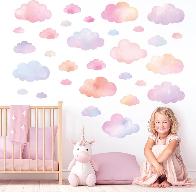 DECOWALL DS4-8094 Pastel Cloud Wall Stickers – Watercolor Sky Decals for Kids’ Room, Nursery & Playroom – Removable & Repositionable Wall Art – 64.8 × 55.7 cm / 25.5 × 21.9 in
