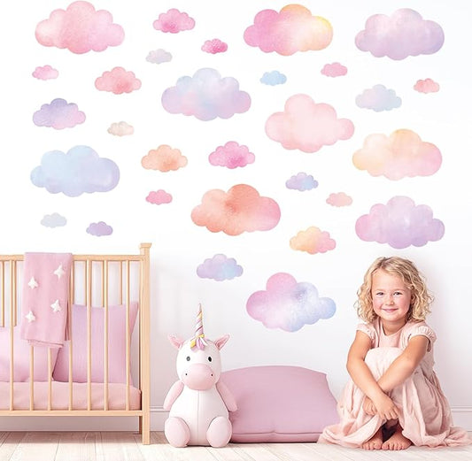 DECOWALL DS4-8094 Pastel Cloud Wall Stickers – Watercolor Sky Decals for Kids’ Room, Nursery & Playroom – Removable & Repositionable Wall Art – 64.8 × 55.7 cm / 25.5 × 21.9 in