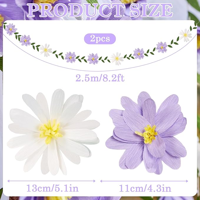 EASY JOY Crepe Paper Flowers Banner White Purple Spring Flower Garland Hanging Paper Florid Garland Leaves Banner for Spring Birthday Wedding Home Decorations