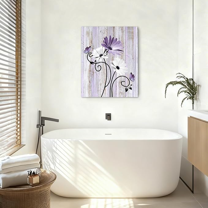 HVEST Purple Floral Daisy Wall Art Lavender Flower and Butterfly Rustic Botanical Abstract Painting Farmhouse Plant Wall Art for Bathroom Living Room Bedroom Decor Ready to Hang, 16Lx12W Inches