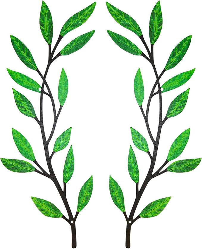Metal Tree Leaf Wall Decor 2 PCS Rustic Vine Branch Leaf Wall Art for Living Room Bedroom Bathroom Decorations - Green