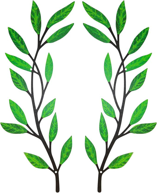 Metal Tree Leaf Wall Decor 2 PCS Rustic Vine Branch Leaf Wall Art for Living Room Bedroom Bathroom Decorations - Green