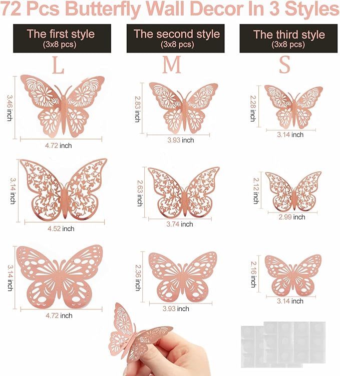 72 Pcs Butterfly Wall Decor - 3 Styles, 3 Sizes, 3D Butterflies in Rose Gold - Wedding & Birthday Party Decorations for Girls' Bedroom