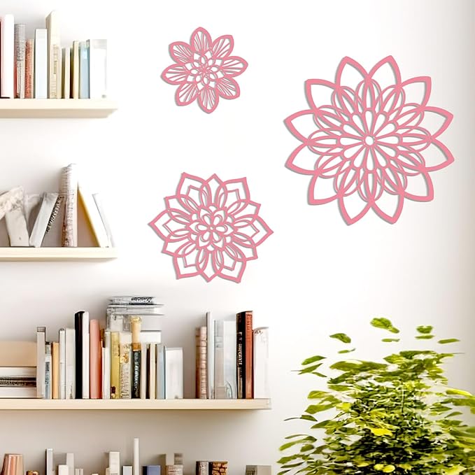 3 Pieces Metal Flowers Wall Decor, Black Wall Decoration Metal, Flower Art Wall Decor Farmhouse Wall Decorations Multiple Flowers Hanging Decor for Bathroom Living Room Home Kitchen Garden Office (Pink Elegant)