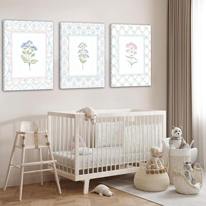 Wildflower Nursery Wall Art Decor Baby Girl Room Canvas Prints Pastel Floral Wall Art Botanical Flower Pictures Pink Blue Wildflower Painting Artwork for Baby Nursery, Kids Room, or Girls Bedroom, Boho Nursery Wall Decor16x24 Inch Framed