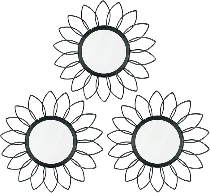 3 Pack Metal Mirrors for Wall Sunburst Wall Mirrors Home Décor Decorative Hanging Wall Art for Living Room Bedroom Entryway (Black, Flowers)