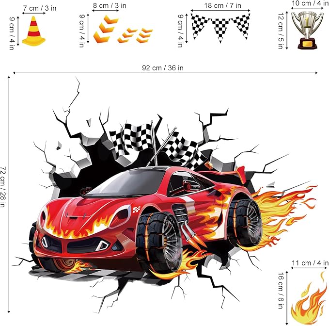 decalmile 3D Racing Cars Wall Decals Red Cars Flags Wall Stickers Baby Nursery Boys Bedroom Kids Room Wall Decor Gifts for Kids