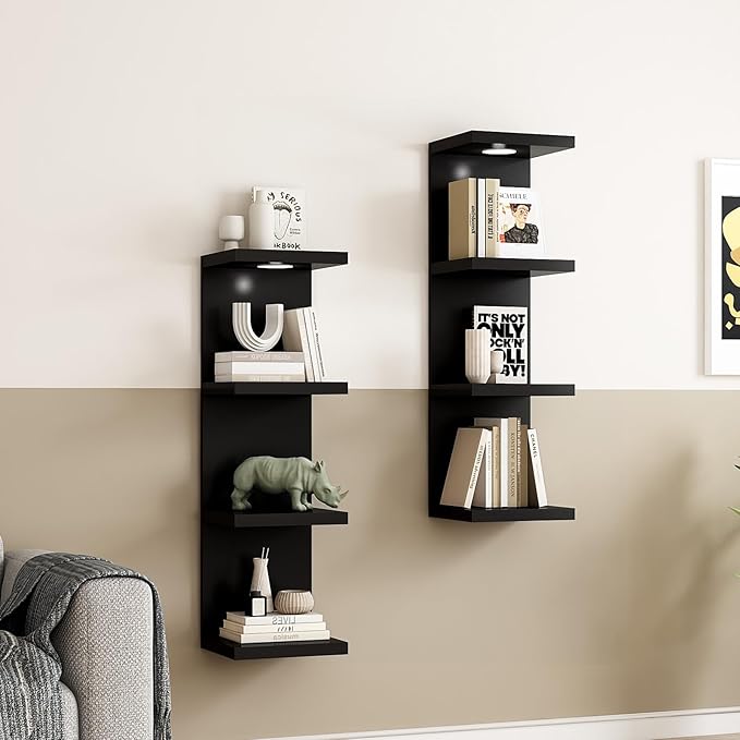 Versatile 4 Tier Wall Shelf Unit,Black Lack Wall Shelf,Display Floating Shelf with LED Remote Control Light