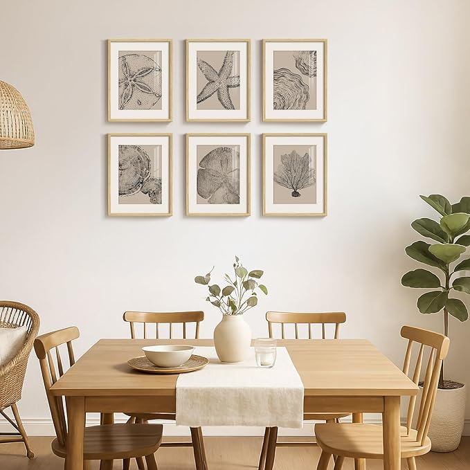 Framed Coastal Wall Art for Living Room, 6 Piece Neutral Black Beige Modern Abstract Prints Artwork, Ocean Coral and Beach Tree Ring Pictures for Bedroom Dining Room Bathroom Wall Decor 11x14 In