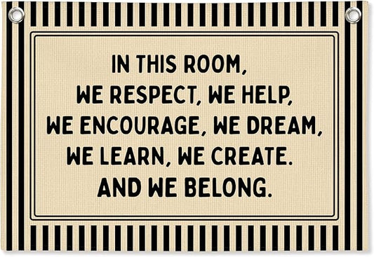 Classroom Decor, Retro Classroom Wall Hanging Canvas Banner Prints, in This Room We Respect Help Striped Wall Art Decor for Kids Nursery Toddler Room Bedroom Playroom, 30x20 Inch