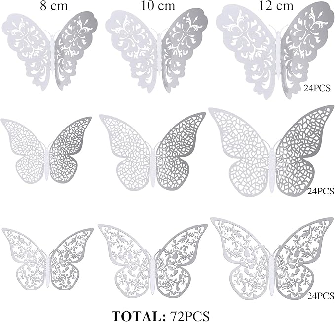 Bememo 72 Pieces 3D Butterfly Wall Decals Sticker Decal Wall Decor Art Decorative Sticker 3 Sizes for Room Offices Bedroom Bathroom Living Room Decor(Silver)