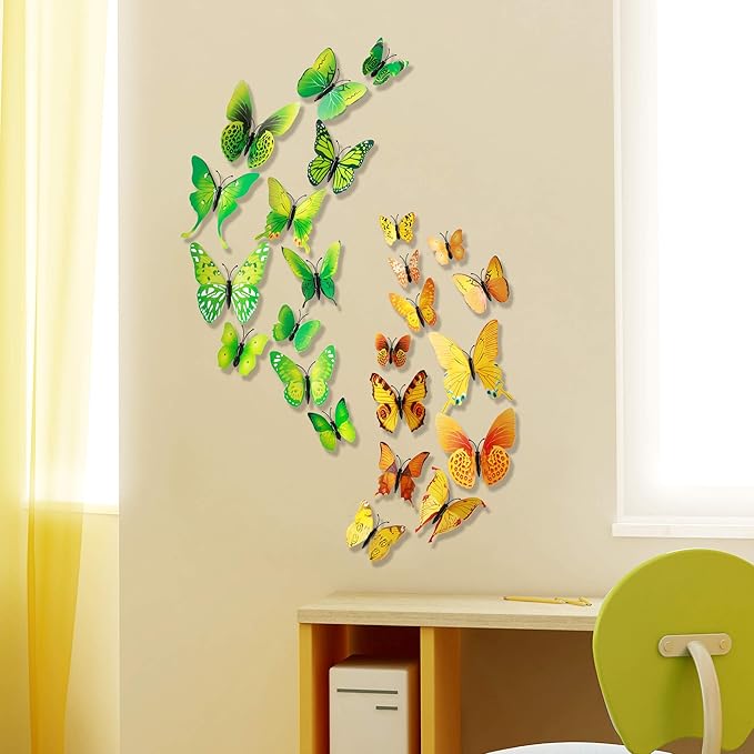 24pcs 3D Vivid Special Man-Made Lively Butterfly Wall Stickers Removable Butterflies Wall Decals 3D Nursery Art Decor for Kids Girls Bedroom Living Room Classroom Party Decoration Green & Yellow