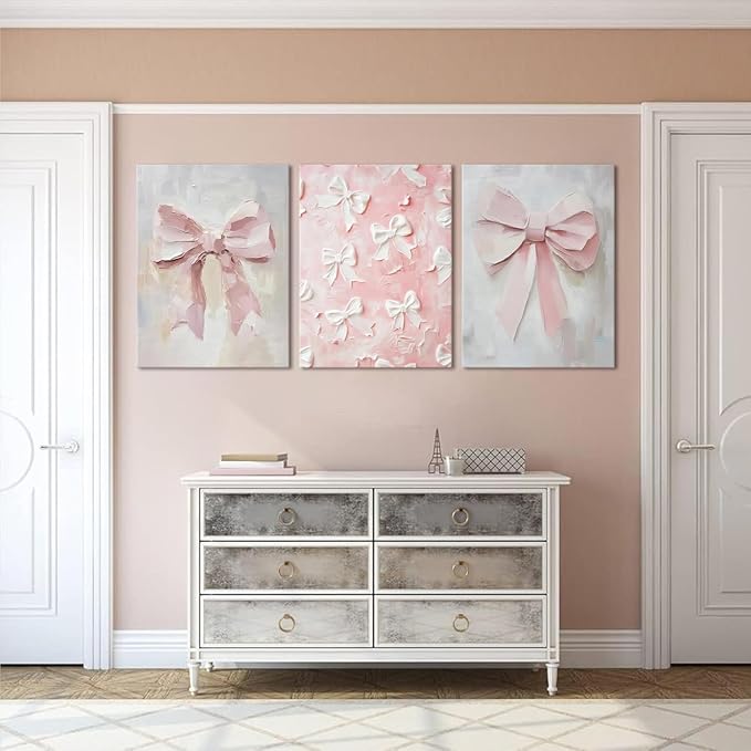 Pink Bow Canvas Wall Art Set of 3 Coquette Oil Painting Cute Bow Posters Wall Decor Trendy Preppy Print Picture for Back to School Bedroom Bathroom College Dorm 16x24 In Framed