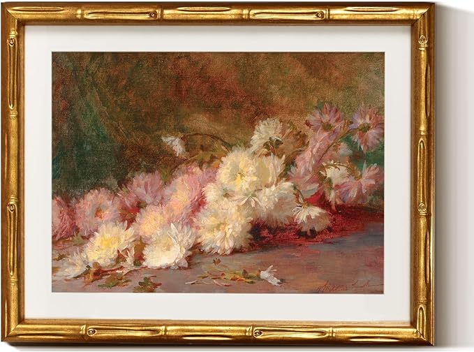 VIYYIEA Bamboo Detail Design Gold Framed Wall Art, Vintage Gold Framed Flower Wall Art Decor, Chrysanthemum Flower Canvas Prints for Living Room, 11 x 14 Inch