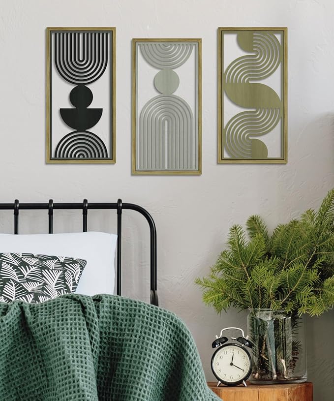 Putuo Decor Modern Minimalist Wall Decor Set of 3, Black Brown Gray MDF Cut-Out Geometric Line Panels, Abstract Vertical Art for Living Room Bedroom Office Wall Art