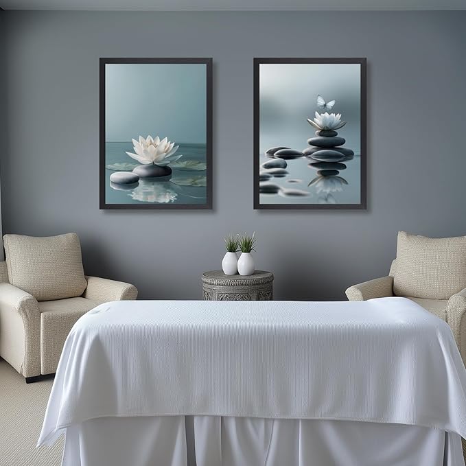 GELDSTEI Calm Zen Botanical Canvas Wall Art, White Lotus Blooming on Stones in Water Aesthetic Pictures, Yoga Spa Meditation Room Decor, Modern Spiritual Poster Prints for Zen Wood Framed Set of 3, Each 16x24 Inch