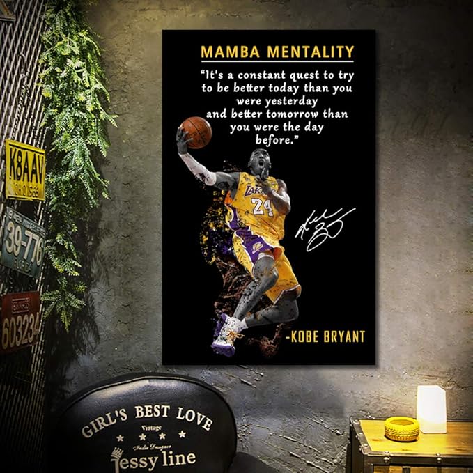 AMART SUN NBA Basketball Player Sports Home Decor • Kobe Bryant Mamba Mentality Quote Poster Inspirational Canvas Wall Art • Motivational Artwork for Home,Office,Gym Wall Decor Framed Ready to Hang