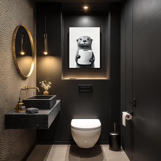 IAFWZX Framed Funny Bathroom Wall Art, Black and White Otter Holding Toilet Paper Wall Decor, Cute Animal Wrapped Canvas Painting, Humor Otter Poster Print for Restroom Guest Bedroom 12"x16"