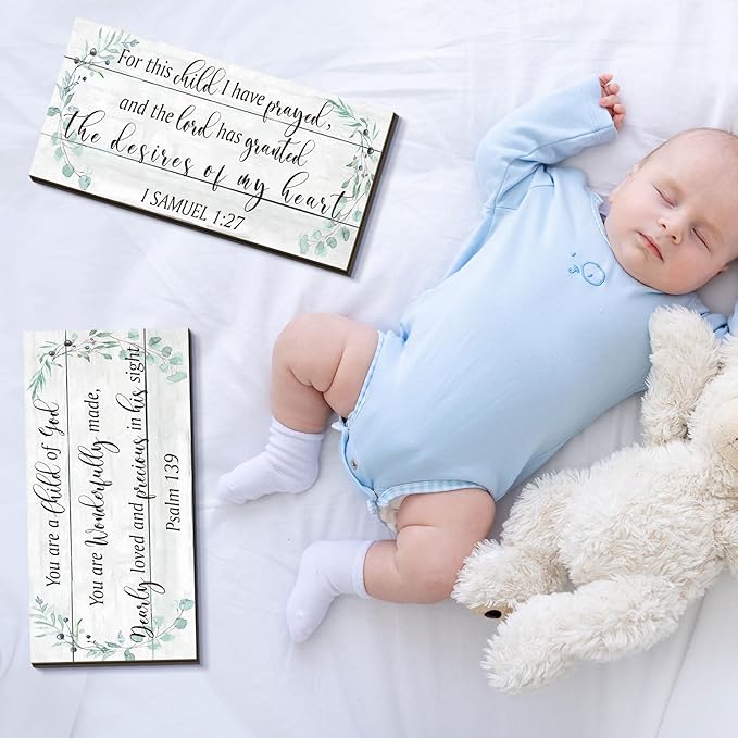 Yookeer 2 Pcs Wood Nursery Wall Decor for Girls Boys Baby Girl Room Decor Nursery Christian Wall Art This Child I Have Prayed Bible Quote Hanging Sign for Kids Home 12 x 6 Inch(Greenery)