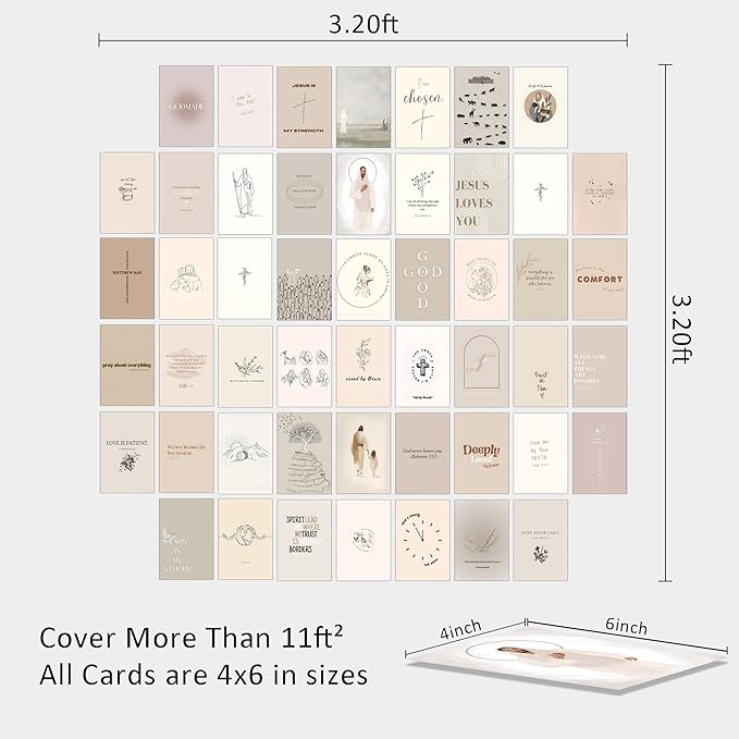 Christian Wall Collage Kit, Neutral Aesthetic Wall Art Prints and Posters, 50 Pcs 4x6 Inch Bible Verse Room Decor, Christian Wall Decor for Bedroom Dorm Office