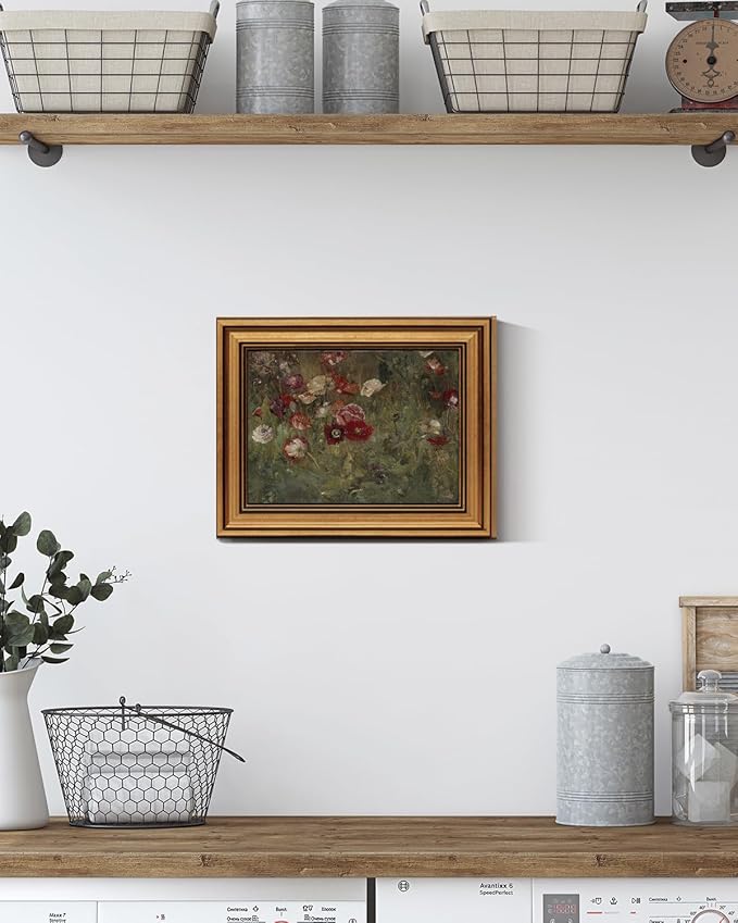 HUARCEY Framed Canvas Wall Art Prints, Bathroom Shelf Vintage Decor Aesthetic, Poppies Floral Paintings Farmhouse Wall Decor, Retro Table Desk Pictures for Bedroom Living Room, 8x10Inch