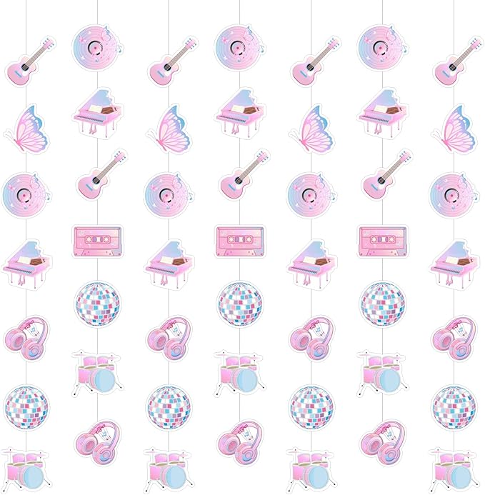 8 Pcs Music Party Decorations Popular Singer Birthday Hanging Garlands Banner Iridescent Holographic Disco Guitar Piano Butterfly Paper Cutouts Streamer for Girls Music Lover Supplies