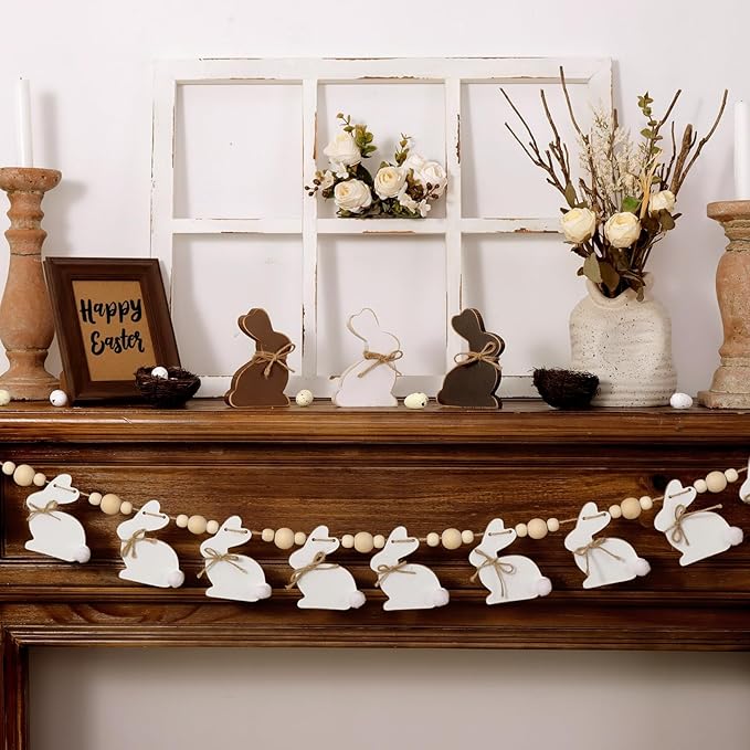 Easter Decorations Garlands, Cute Bunny Easter Garland with Wooden Beads, Rustic Banner for Mantel, Fireplace, Wall, Home, Farmhouse, Office, School Indoor Spring Decor Supplies