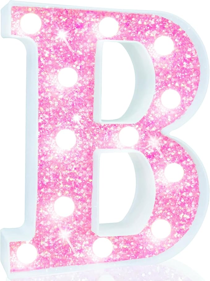 Pooqla LED Marquee Letter Lights, Light Up Pink Letters Glitter Letter Sign for Girls Gifts, Battery Powered for Night Light Birthday Party Wedding Home Bar Christmas Decoration, Cool White Pink B