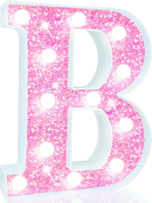 Pooqla LED Marquee Letter Lights, Light Up Pink Letters Glitter Letter Sign for Girls Gifts, Battery Powered for Night Light Birthday Party Wedding Home Bar Christmas Decoration, Cool White Pink B