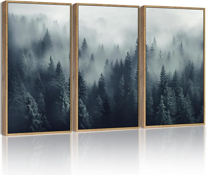 SHENIFY Blue Fog Pine Tree Forest Canvas Wall Art Large 16x24in Framed Nature Modern Artwork Prints Decor - Natural Framed