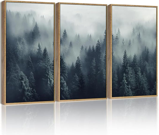 SHENIFY Blue Fog Pine Tree Forest Canvas Wall Art Large 16x24in Framed Nature Modern Artwork Prints Decor - Natural Framed