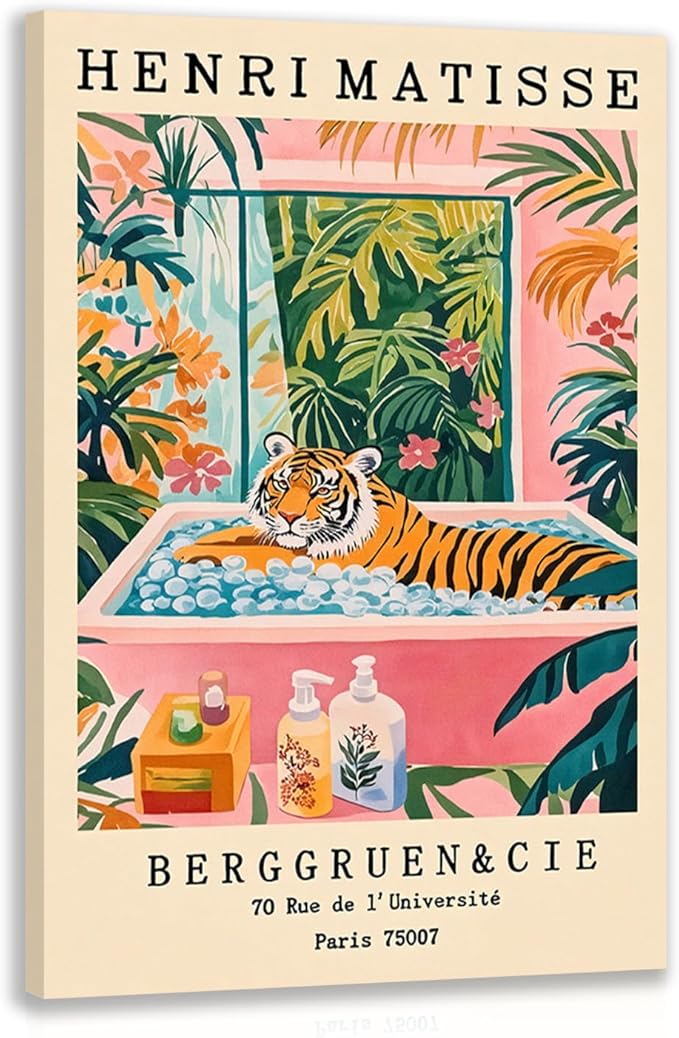 IAFWZX Framed Funny Bathroom Wall Art, Humorous Tiger In Bathtub Wall Decor, Henri Matisse Whimsical Animal Canvas Painting, Colorful Tropical Botanical Artwork for Living Room Bedroom 12"x16"