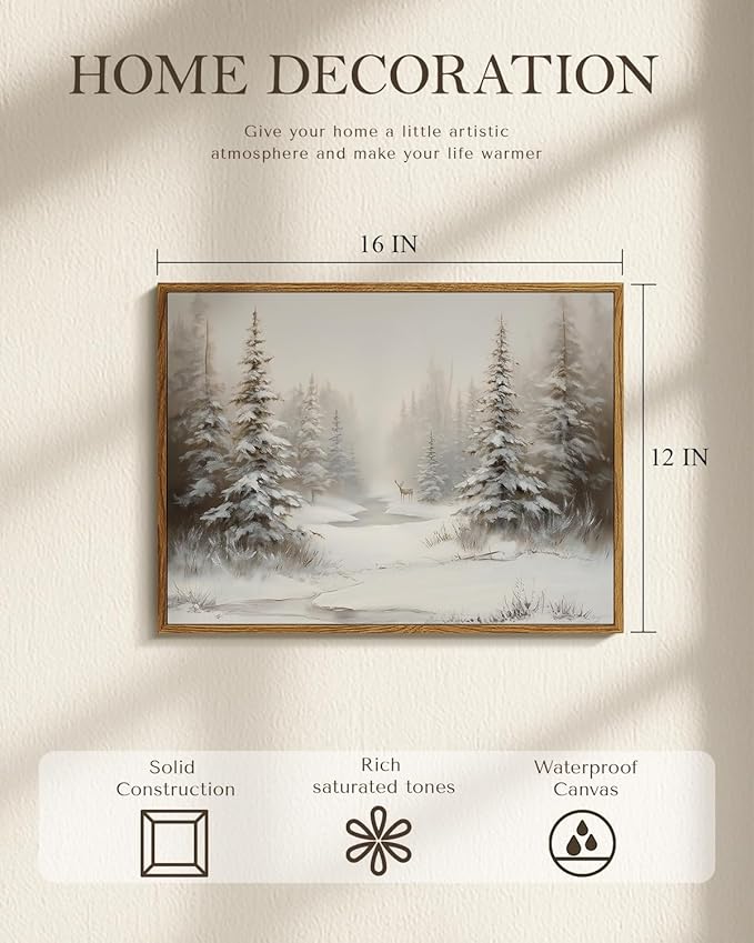 Vintage Snowy Pine Forest with Deer Wall Art 12x16 Framed Canvas Print, Winter Landscape Painting Rustic Neutral Nature Woodland Artwork, Living Room Bedroom Farmhouse Christmas Holiday Decor