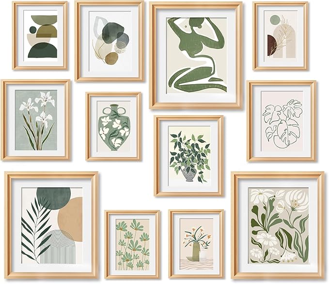 JJY 12 Pcs Sage Green Eclectic Wall Art Prints Decor -Abstract Herbaceous Flowers Plants Prints Eclectic Wall Decor -Classic Art Prints Funky Maximalist Poster for Aesthetic for Home Bedroom (Unframed)