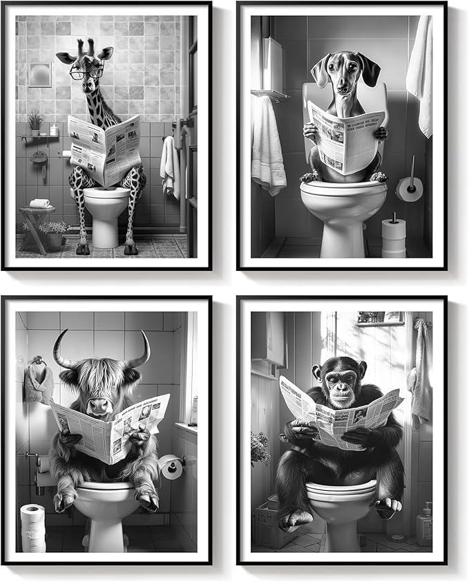 Framed Black and White Bathroom Wall Art Decor, 4 Piece Modern Animal Canvas Prints Painting Artwork, Dog Highland Cow Giraffe Sitting on Toilet Reading Newspaper Pictures for Toilet Restroom, 11x14