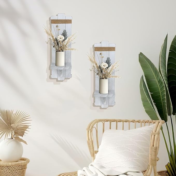 Farmhouse Wall Decor Candle Sconces - 2 Pcs Rustic Scandinavian Handmade Wooden Wall-Mount Candle Holders for Bedroom Living Room Bathroom Home Hanging Art Decorations Accessories Gifts, Grayish White